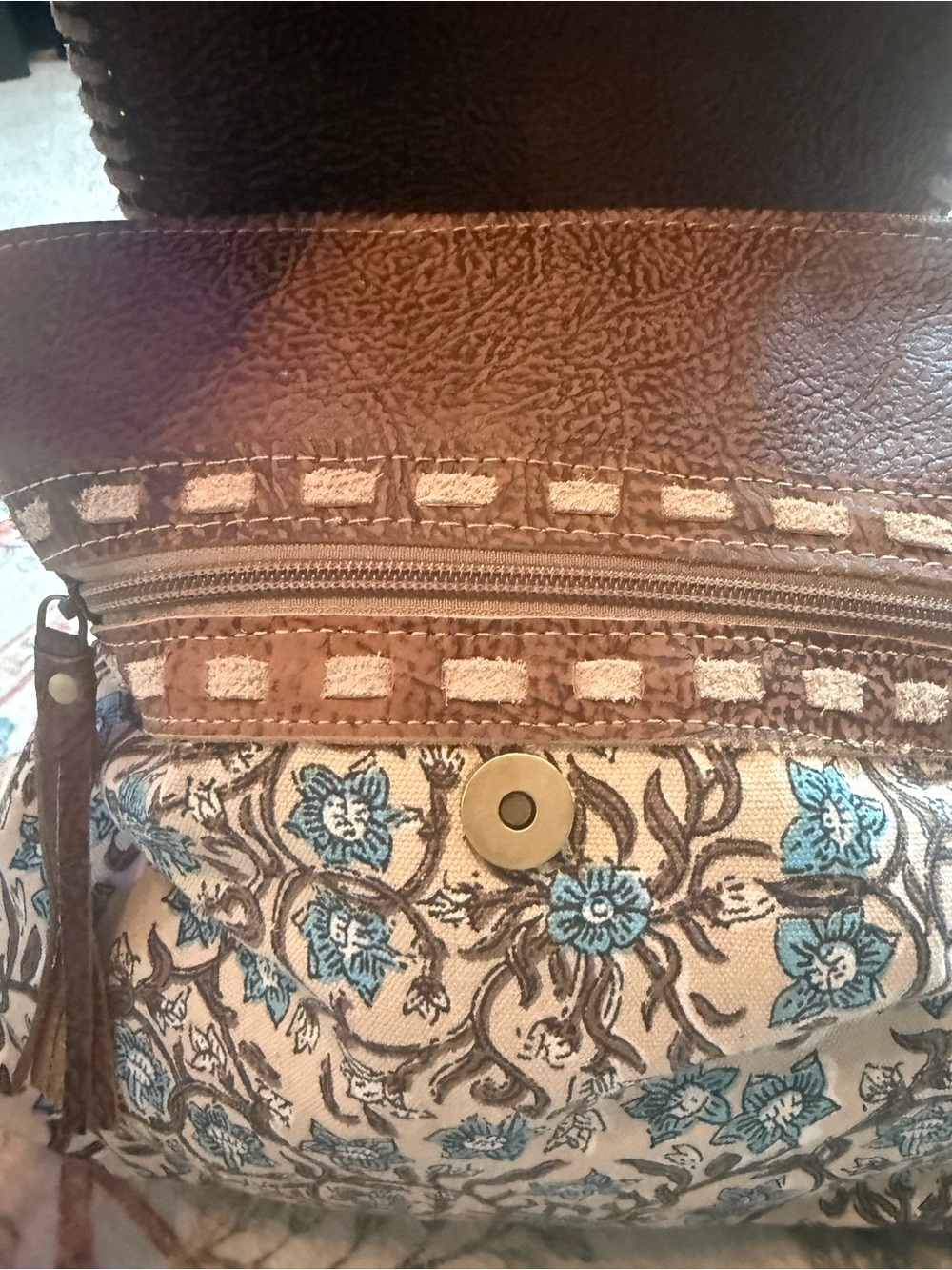 Myra Handcrafted Blue Floral Crossbody Bag with Brown Leather Trim - Picture 5 of 10